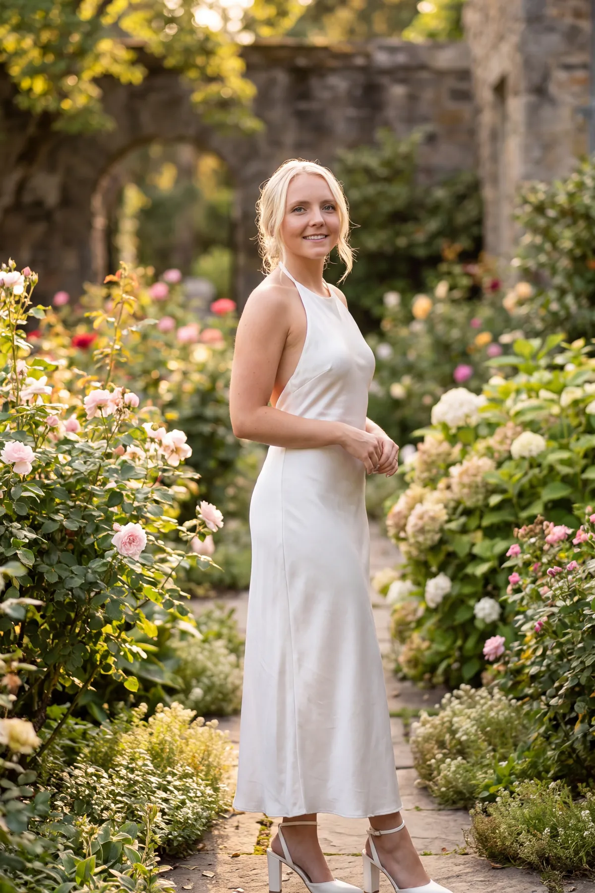 Reagan smiling in a rose garden in late afternoon light