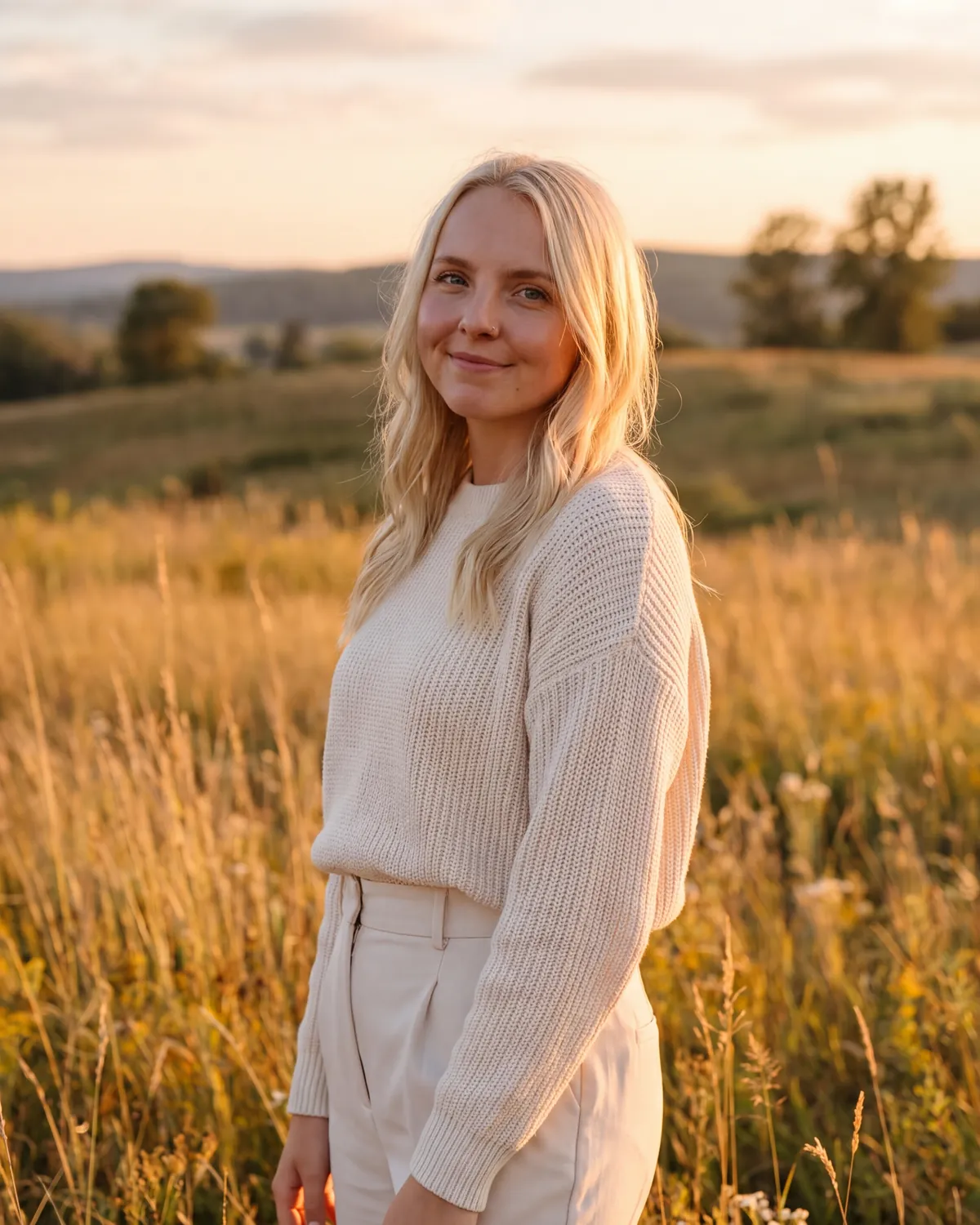 Reagan, photographer and founder of Love Lately, standing in tall grass at golden hour