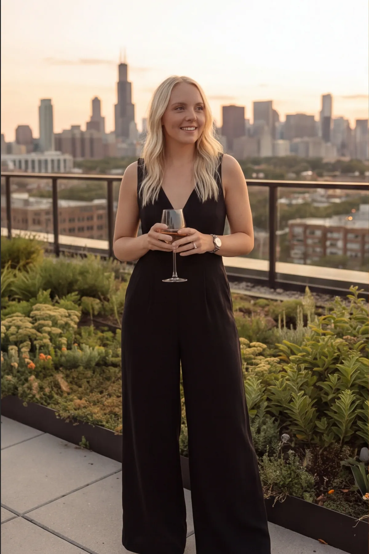 Reagan on a rooftop terrace above the Chicago skyline at golden hour